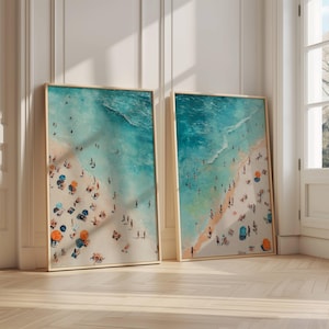 2er-Set kleine Leute, die im Ozean schwimmen, minimalistische druckbare Wandkunst, Strandhausdekor, Sommerposterkunstpaket