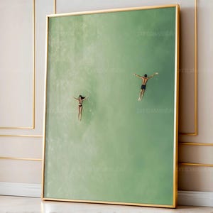 Man And Woman Floating Side By Side In Pool Digital Art, Minimal Summer Couple Poster, Light Green Beach House Wall Decor
