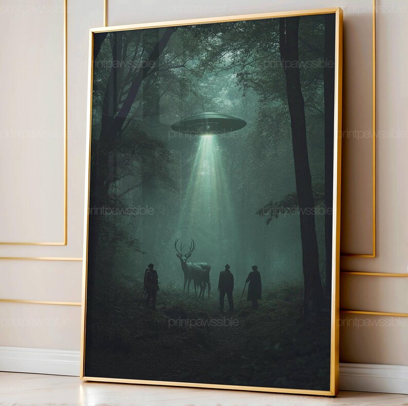 UFO Deer Abduction Art Print, Funny Victorian Hunting Scene, Sci-fi ...