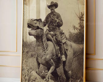 Cowboy rijdende dinosaurus vintage fotokunst, westerse Jura-esthetiek woondecoratie, donkere Academia gotische occulte zuidwestelijke afdrukbare