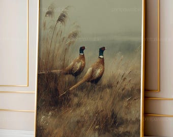 Pheasant Field Wall Art, Vintage Countryside Printable, Rustic Bird Digital Download, Quiet Landscape Oil Painting Style
