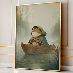 Vintage Frosch-Boots-Reise-Kunst | Skurrile druckbare Cottagecore Tier-Wand-Dekor-Natur-Frosch-Digital-Kunst-Druck
