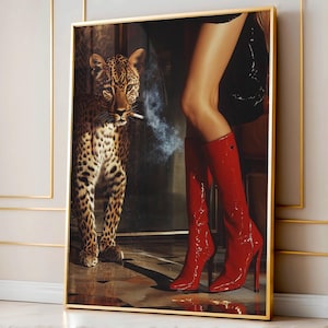 Red Boots Print, Retro Leopard Poster, High Fashion Poster, Hypebeast Aesthetics, Luxurious Wall Art, Chic Designer Poster, Cool Girl Photo