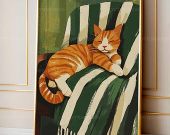 Gatto addormentato, grande quadro da parete, arte contemporanea, stampa artistica minimalista, grande decorazione murale verde scuro a righe, gattino, download digitale stampabile