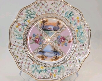 Vintage Reticulated Porcelain Plate Hand Painted Floral Scenic Gold Trim 8"