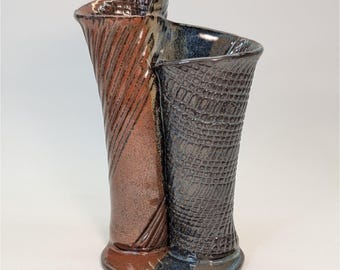 Smith Pottery Robbins NC Studio Art Vase Textured Slab Dual Pocket Stoneware 7"