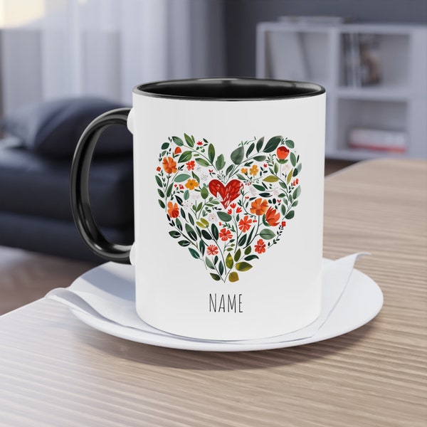 Blumen Herz Becher | tasse coeur fleur | Blumen Herz Tasse | Personalisiertes Geschenk | Nom Kaffeetasse | Geburtstagsgeschenk
