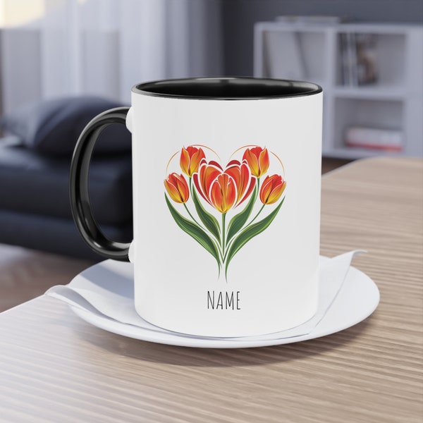 Tulpen Blumentasse | Florale Kaffeetasse | Geschenk für Mama, Schwester, Freundin | Individuelle Namens-Tasse | Niedliches Geschenk für sie