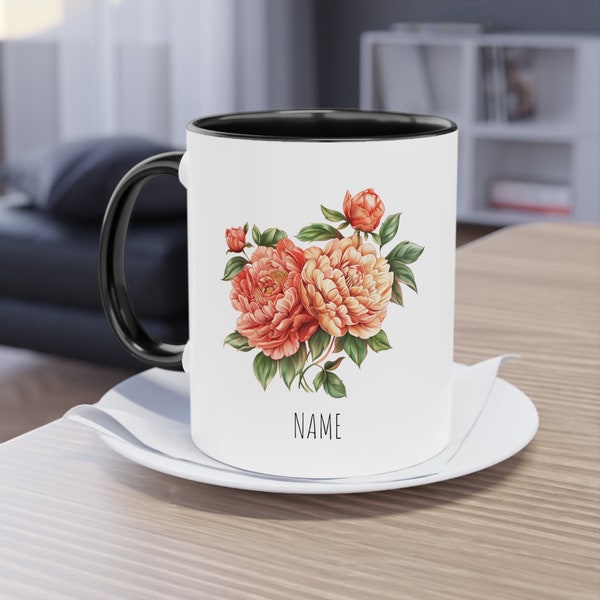 Pfingstrosen Blumentasse | Florale Kaffeetasse | Geschenk für Mama, Schwester, Freundin | Individuelle Namens-Tasse | Niedliches Geschenk