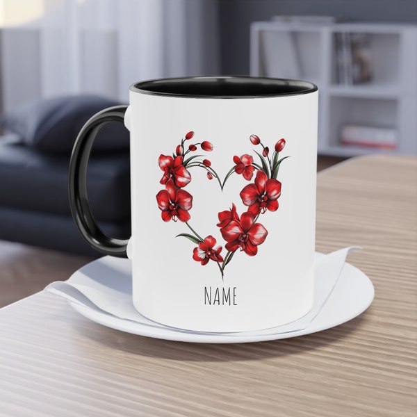 Orchidee Blumentasse | Florale Kaffeetasse | Geschenk für Mama, Schwester, Freundin | Individuelle Namens-Tasse | Niedliches Becher