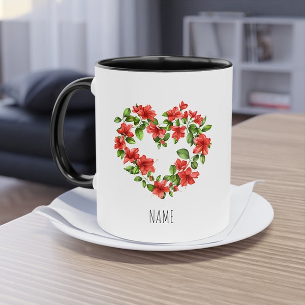 Personalisierte Azalee Blumentasse | Florale Kaffeetasse | Geschenk für Mama, Schwester, Freundin | Individuelle Namens-Tasse