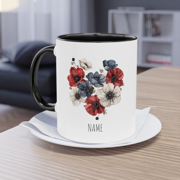 Personalisierte Anemone Blumentasse | Florale Kaffeetasse | Geschenk für Mama, Schwester, Freundin | Individuelle Namens-Tasse