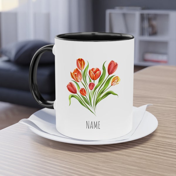 Tulpen Blumentasse | Florale Kaffeetasse | Geschenk für Mama, Schwester, Freundin | Individuelle Namens-Tasse | Niedliches Geschenk für sie