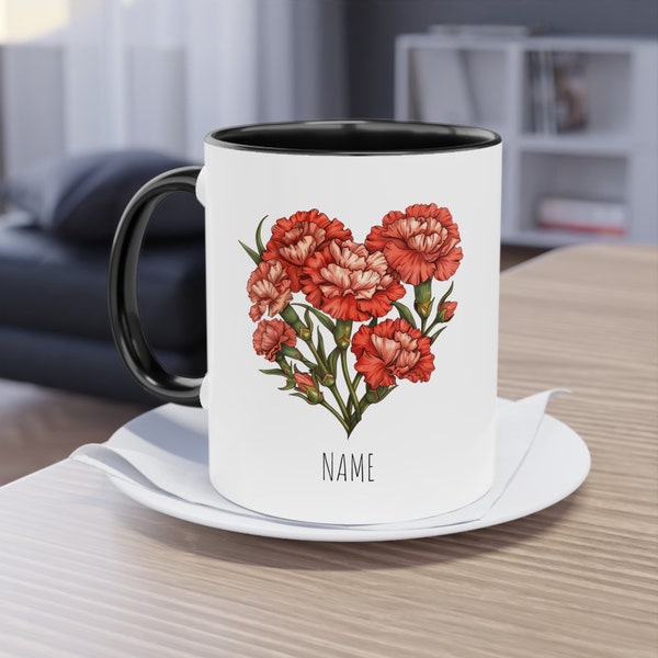 Personalisierte Nelke Blumentasse | Florale Kaffeetasse | Geschenk für Mama, Schwester, Freundin | Individuelle Namens-Tasse