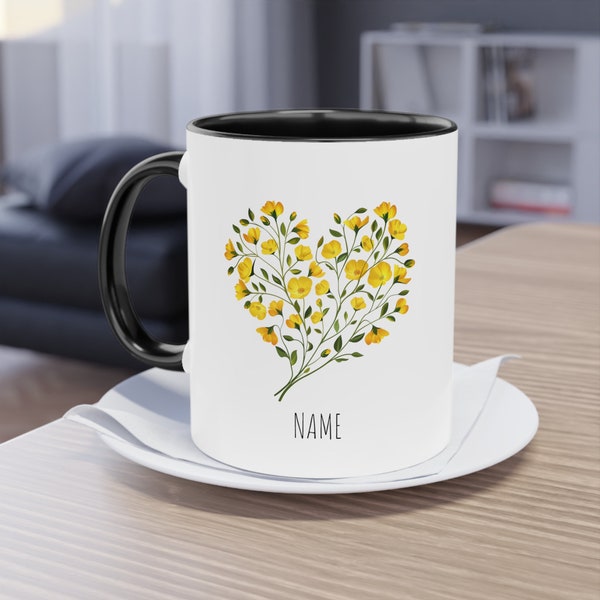 Personalisierte Butterblume Tasse | Florale Kaffeetasse | Geschenk für Mama, Schwester, Freundin | Individuelle Namens-Tasse