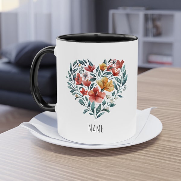 Blumen Herz Becher | Flower Heart Mug | Blumen Herz Tasse | Personalisiertes Geschenk | Name Kaffeetasse | Geburtstagsgeschenk
