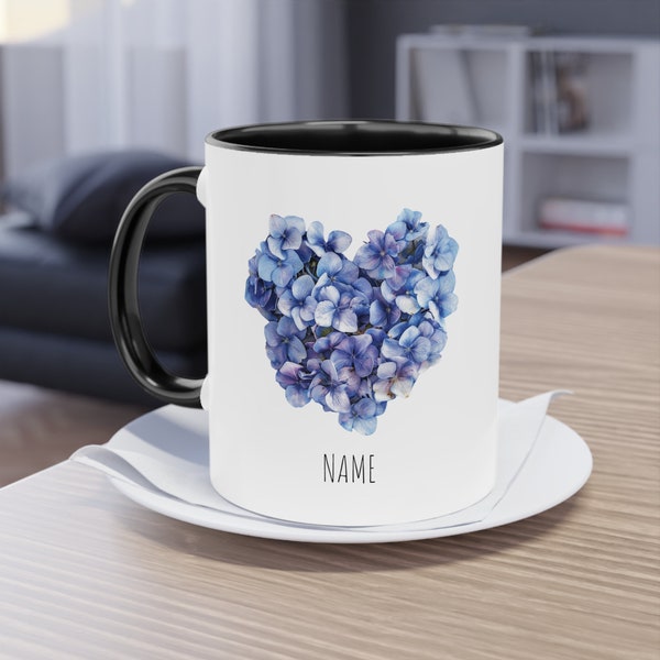 Hortensien Blumentasse | Florale Kaffeetasse | Geschenk für Mama, Schwester, Freundin | Individuelle Namens-Tasse | Niedliches Geschenk