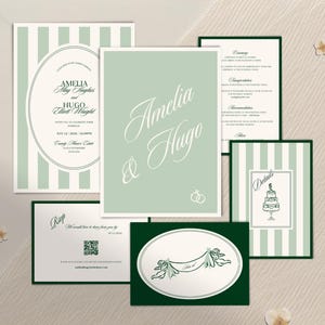 Puede incluir: Un conjunto de papelería de boda con una combinación de colores verde suave y blanco. Las invitaciones incluyen los nombres "Amelia & Hugo", detalles del evento y elementos decorativos como rayas, anillos y una ilustración de pastel. El diseño es elegante y clásico.