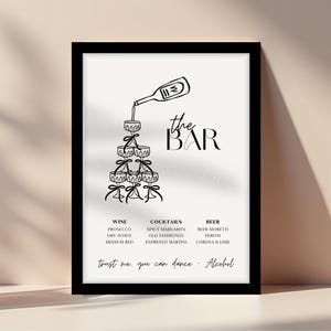 Whimsy hand drawn champagne tower Drinks Menu, Custom Cocktail Wedding Bar Sign, Chic Black & White Event Decor, editable in Canva