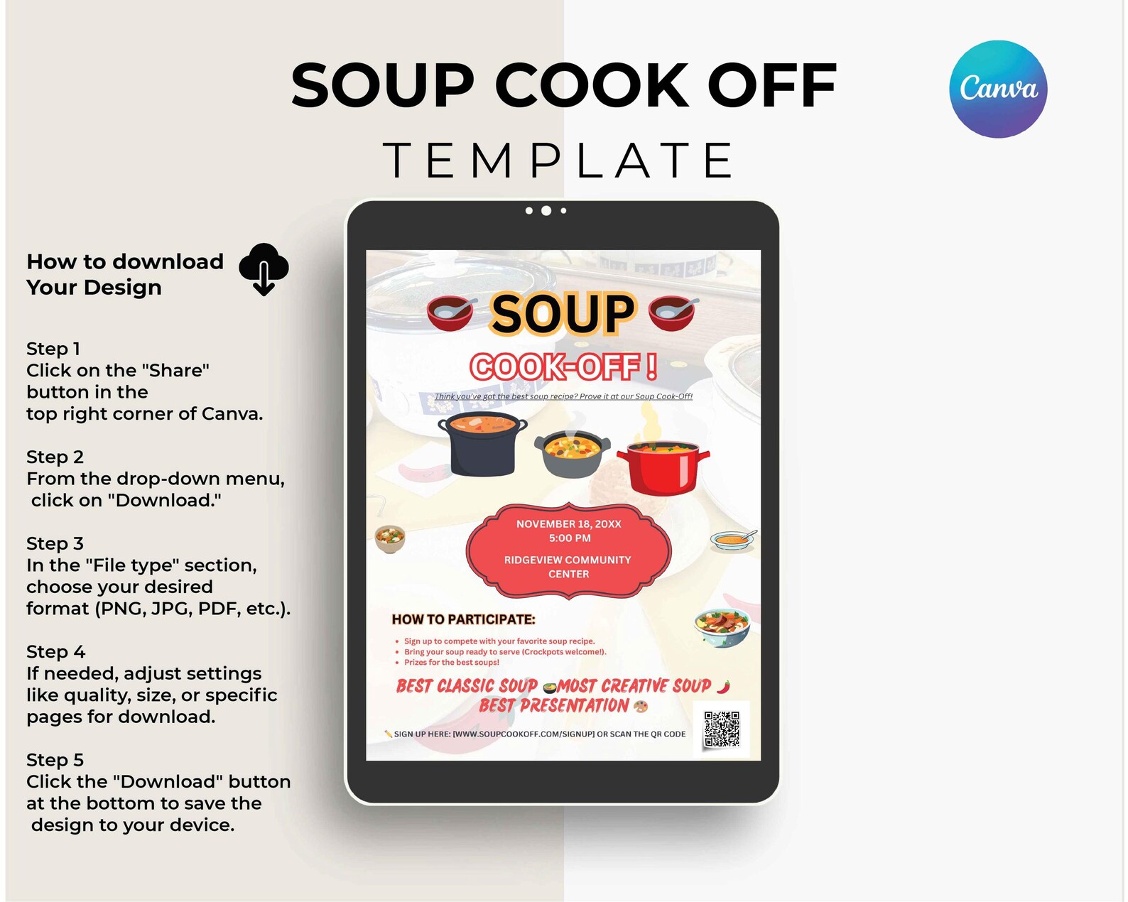 Editable Fall Soup Cook off Flyer, Soup Work Competition, Canva ...
