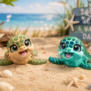 May include: Two small turtle figurines with large eyes and open mouths. One turtle is tan with green shell markings, and the other is teal with darker green shell markings. A wooden sign in the background features the text SALTY SEAS & HAPPY DAYS.