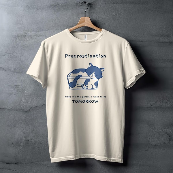 Procrastination Cat Shirt Funny Lazy Cat Tee Funny Cat T-Shirt Cat in a Box Shirt Sleepy Cat Cartoon Shirt Humor Gift for Cat Lover