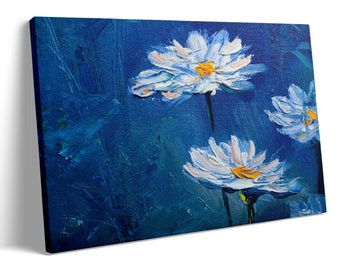 White Blossom Three White Flowers in Peaceful Blue Background Giclee Canvas Print Office and Home Wall Art Contemporary Floral Landscape