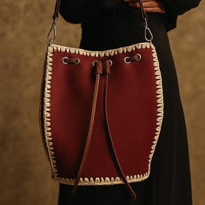 Handmade Faux Leather Bucket Bag in Burgundy, Handcrafted Shoulder Bag by Indigenous Hands, Lightweight Shoulder Bucket Bag - FREE SHIPPING!