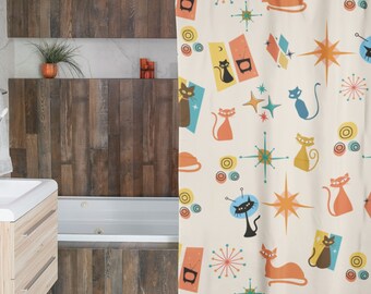 Mid-Century Modern Cat Shower Curtain, Mid-century modern curtain, cat shower curtain, MCM bath, cat bath decor, retro bath, modern vintage