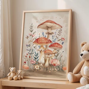 Whimsical Mushroom Wall Art, Cottagecore Botanical Digital Print, Woodland Nursery Decor, Fungi and Wildflower Printable Poster