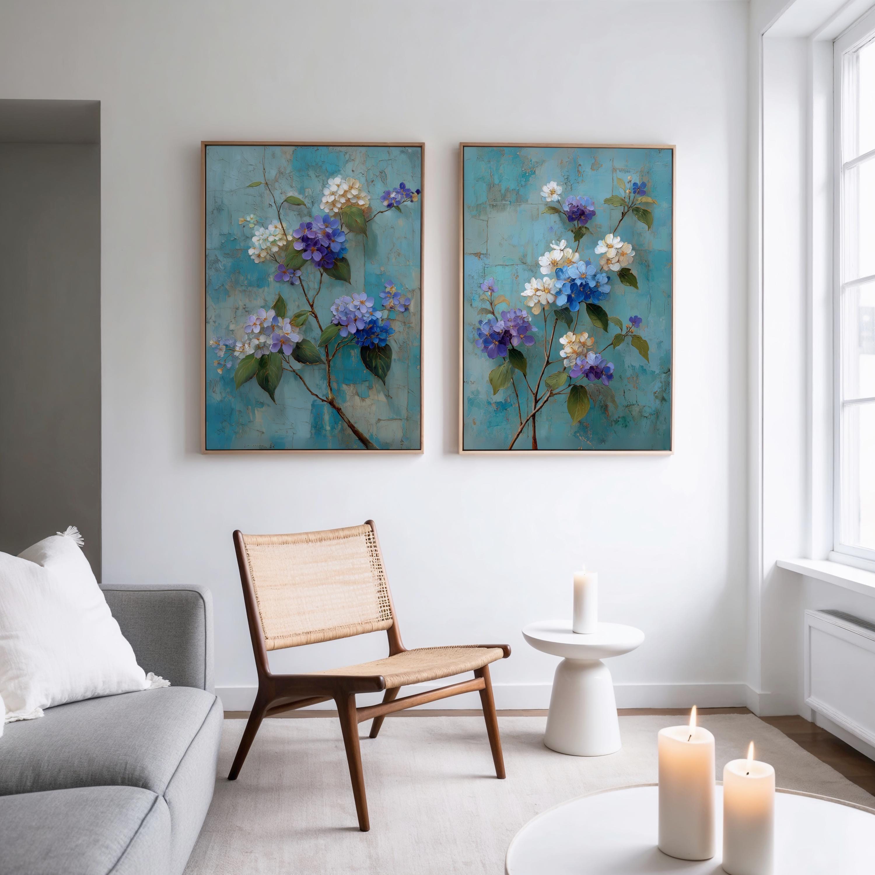 Chinoiserie Floral Wall Art Set of 2, Blue & Purple Hydrangea Prints ...
