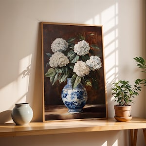 White Hydrangea Wall Art, Framed Floral Art, Vintage Botanical Print, Cottagecore Wall Decor, Home Decor, Hydrangea Painting