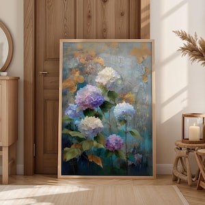 Hydrangea Wall Art Print, Impressionist Floral Canvas, Botanical Cottage Garden Home Decor, Blue and Purple Flower Painting