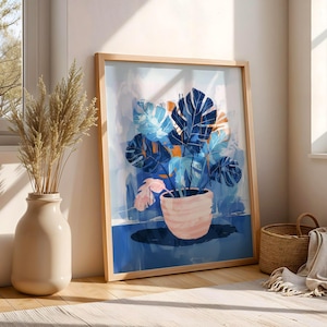 Abstract Plant Wall Art Print, Matisse Inspired Botanical Decor, Blue Monstera Canvas or Digital Download, Modern Home Poster