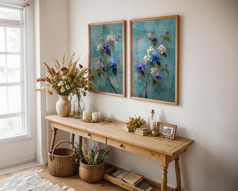 Chinoiserie Floral Wall Art Set of 2, Blue & Purple Hydrangea Prints ...