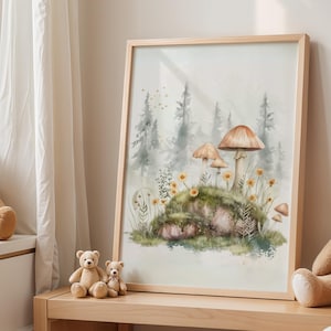 Cottagecore Mushroom Poster, Forest Nursery Wall Art Print, Woodland Botanical Decor, Nature-Inspired Boho Art for Kids Room