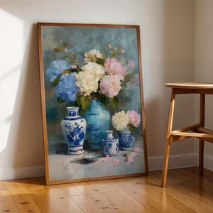 Chinoiserie Hydrangea Wall Art, Blue and White Vase Poster Print, Vintage Botanical Canvas, Elegant Floral Home Decor