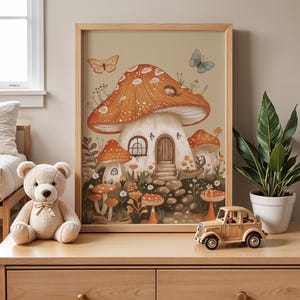 Mushroom House Poster Print, Kawaii Nursery Wall Art, Woodland Fairy Tale Kids Room Decor, Cottagecore Mushroom Wall Art