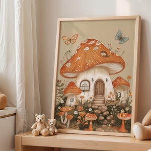 Mushroom House Digital Art, Kawaii Woodland Nursery Print, Whimsical Forest Kids Room Decor, Fairy Tale Mushroom Wall Art Download