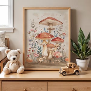 Whimsical Mushroom Poster Print, Cottagecore Nursery Wall Art, Woodland Fungi and Floral Illustration, Botanical Nature Decor