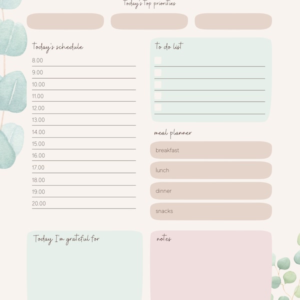 Daily Planner One page digital planner Minimalistic Daily diary Printable one page daily planner