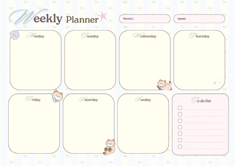 Cute Kawaii Weekly Planner Printable, Pastel Cat Planner, Weekly ...