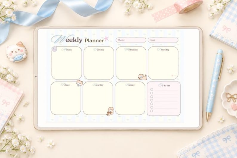 Cute Kawaii Weekly Planner Printable, Pastel Cat Planner, Weekly ...