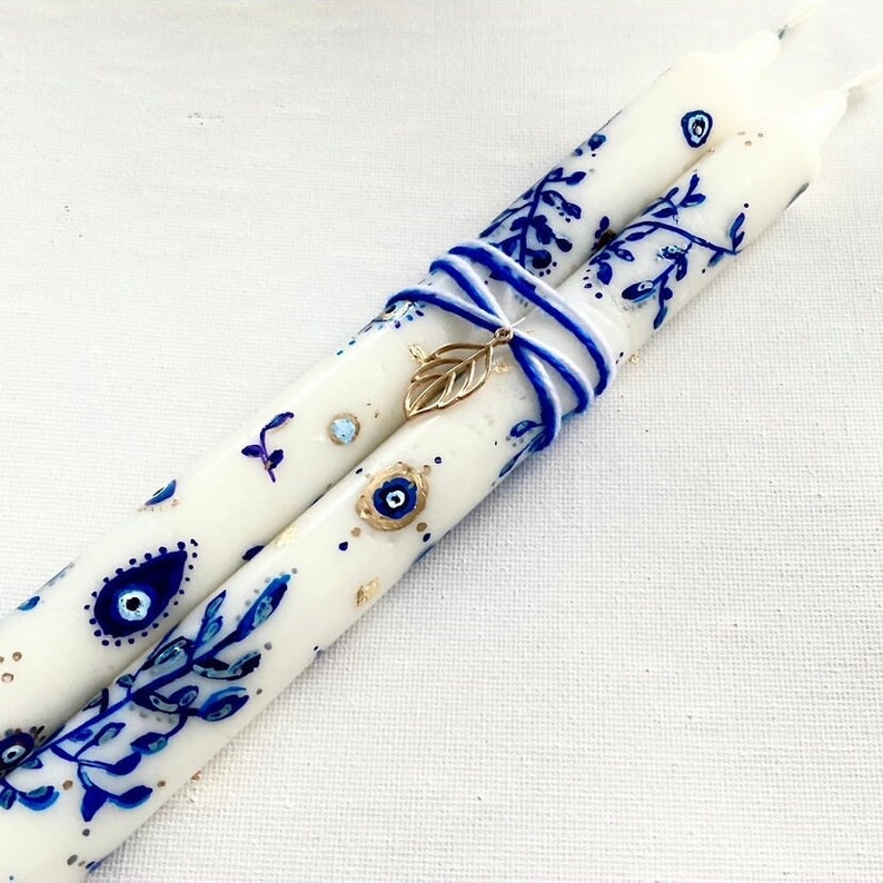 24K Gold EVIL EYE Hand painted Taper Candles Lapis Lazuli Crystal Dressed Sacred Geometry Advanced Magick Occult Manifestation set of 2 image 2