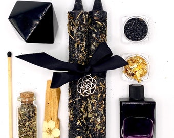 24K Gold PROTECTION Spell Candles Black Tourmaline Crystal Dressed - Sacred Geometry Advanced Magick Occult Manifestation - set of 2