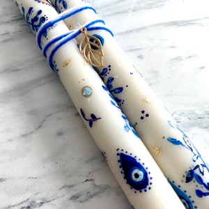 24K Gold EVIL EYE Hand painted Taper Candles Lapis Lazuli Crystal Dressed Sacred Geometry Advanced Magick Occult Manifestation set of 2 image 9