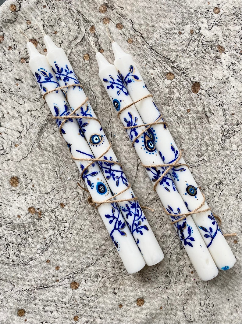 24K Gold EVIL EYE Hand painted Taper Candles Lapis Lazuli Crystal Dressed Sacred Geometry Advanced Magick Occult Manifestation set of 2 image 3