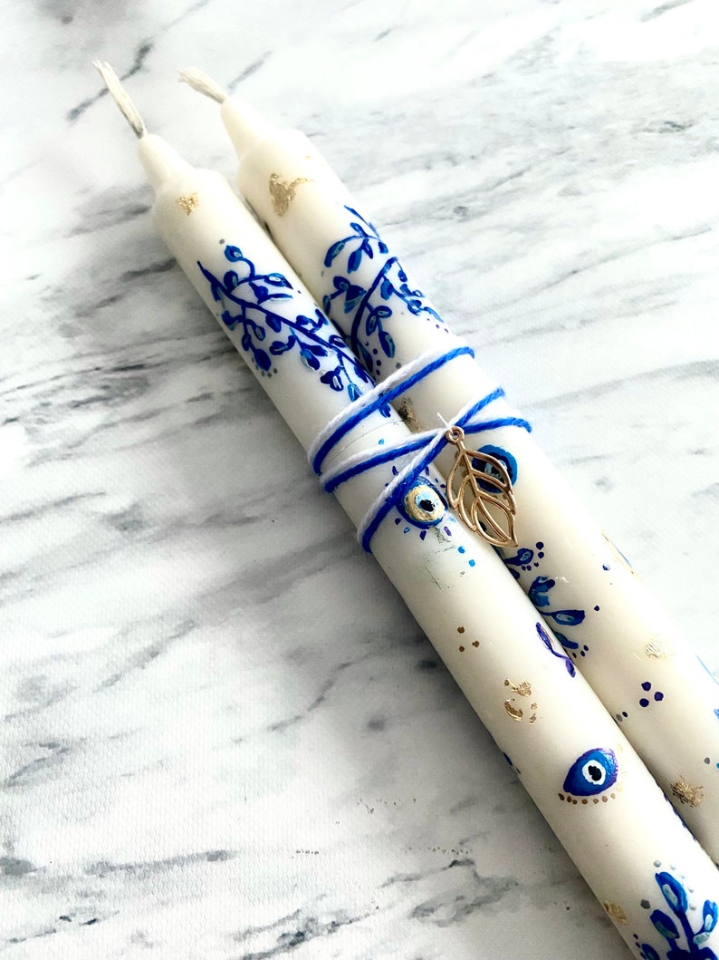 24K Gold EVIL EYE Hand painted Taper Candles Lapis Lazuli Crystal Dressed Sacred Geometry Advanced Magick Occult Manifestation set of 2 image 7