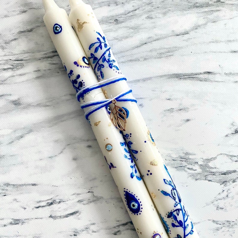 24K Gold EVIL EYE Hand painted Taper Candles Lapis Lazuli Crystal Dressed Sacred Geometry Advanced Magick Occult Manifestation set of 2 image 4