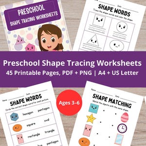 May include: A set of printable preschool shape tracing worksheets for ages 3-6. The worksheets feature various shapes, including a hexagon, rhombus, triangle, pentagon, and more. The worksheets include activities such as tracing shapes, matching shapes, and writing shape words.